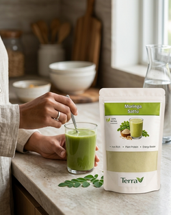 Person stirring a green smoothie with a package of Moringa Superfood on a kitchen counter.